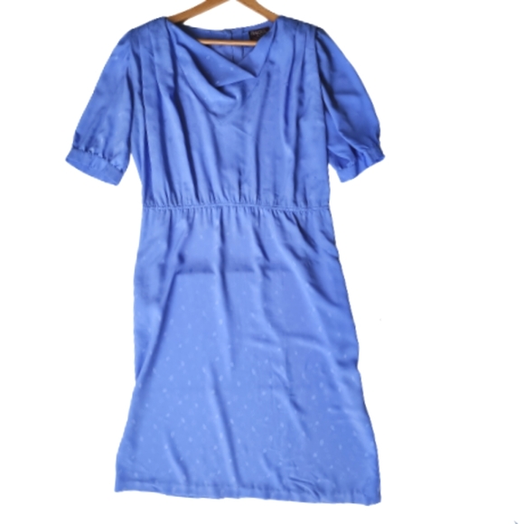 Vintage 80's Raoul Blue Drape Front Puffed Short Sleeve Mid-length Dress ♥️ - Picture 2 of 14